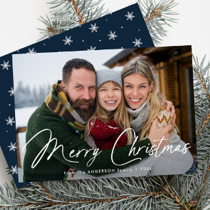 Modern Signature Script Christmas Navy Photo Holiday Card