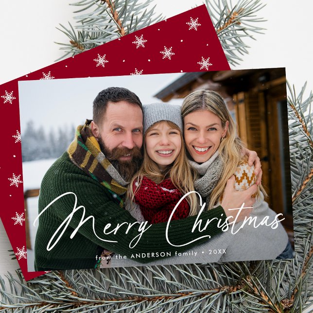 Modern Signature Script Christmas Red Photo Holiday Card (Creator Uploaded)