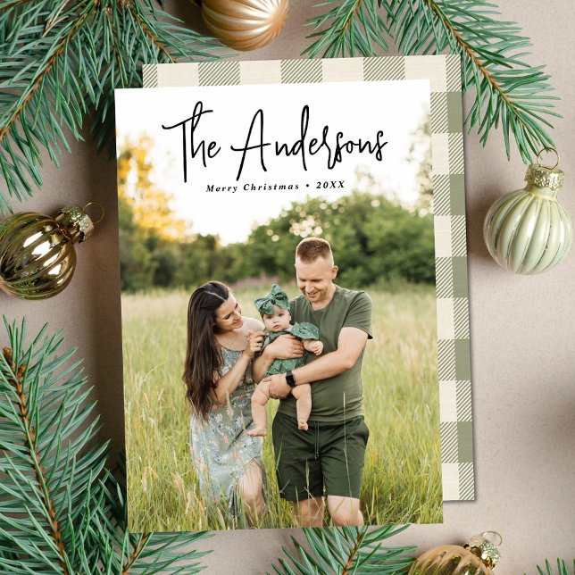 Modern Signature Script Cream and Olive Photo Holiday Card (Creator Uploaded)