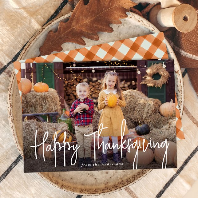 Modern Signature Script Happy Thanksgiving Photo Holiday Card (Creator Uploaded)