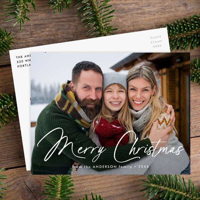 Modern Signature Script Merry Christmas Photo Holiday Postcard (Creator Uploaded)