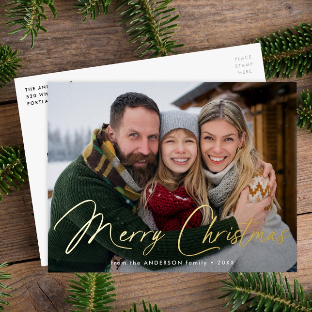Modern Signature Script Photo Foil Holiday Postcard (Creator Uploaded)