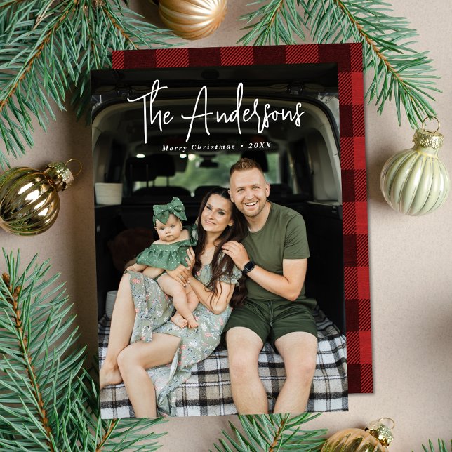 Modern Signature Script Red Plaid Photo Holiday Card (Creator Uploaded)
