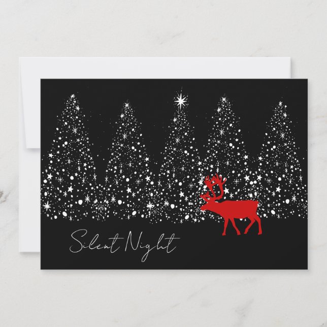 Modern Silent Night Reindeer & Trees Photo Black Holiday Card (Front)