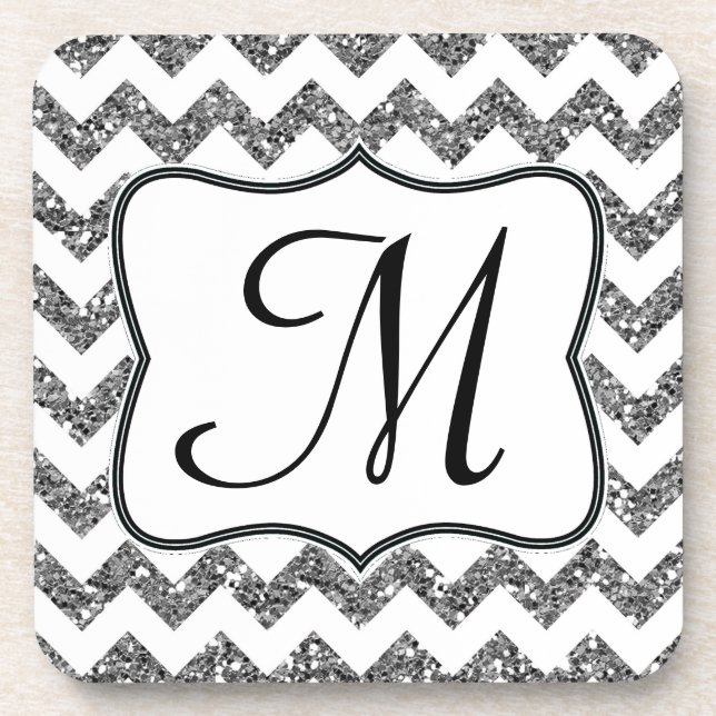 Modern Silv Glitter Chevron Monogram Drink Coaster (Front)