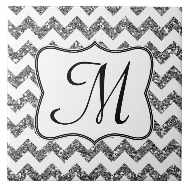 Modern Silve Glitter Chevron Monogram Display Tile (Front)