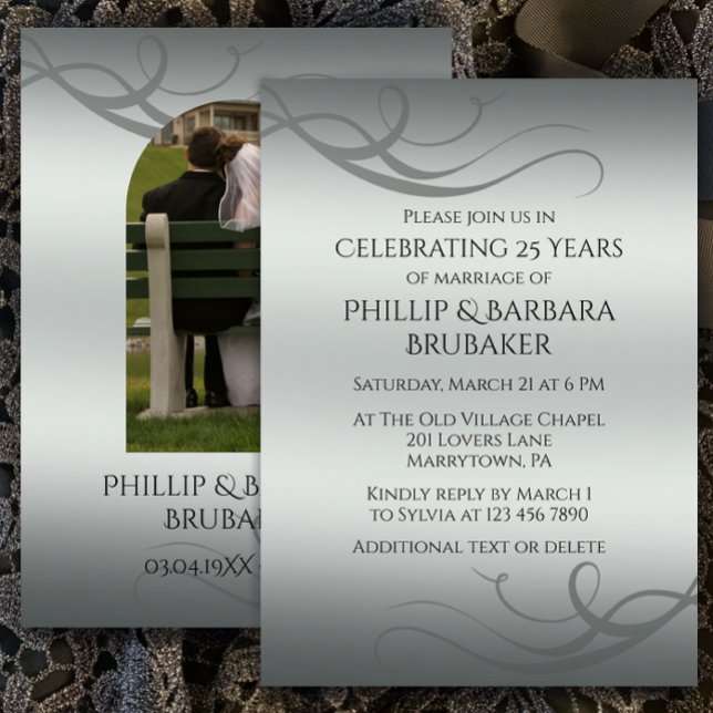 Modern Silver 25th Wedding Anniversary Arch Photo  Invitation (Customize this modern elegant silver gradient 25th wedding anniversary party invitation template)