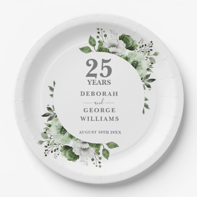 Modern Silver 25th Wedding Anniversary Greenery  Paper Plate (Front)