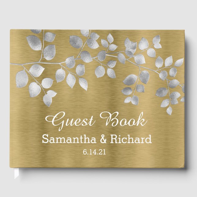 Modern Silver and Gold Floral Wedding Guest Book (Front)