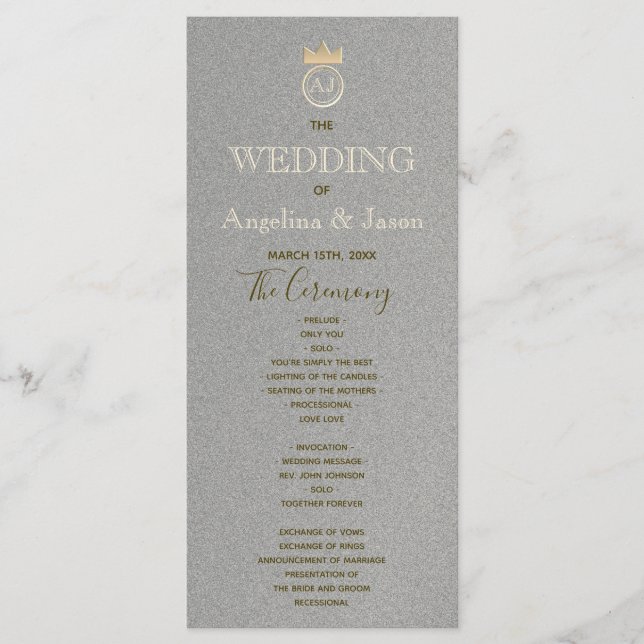 Modern Silver and Gold Foil Royal Monogram Wedding Programme (Front)