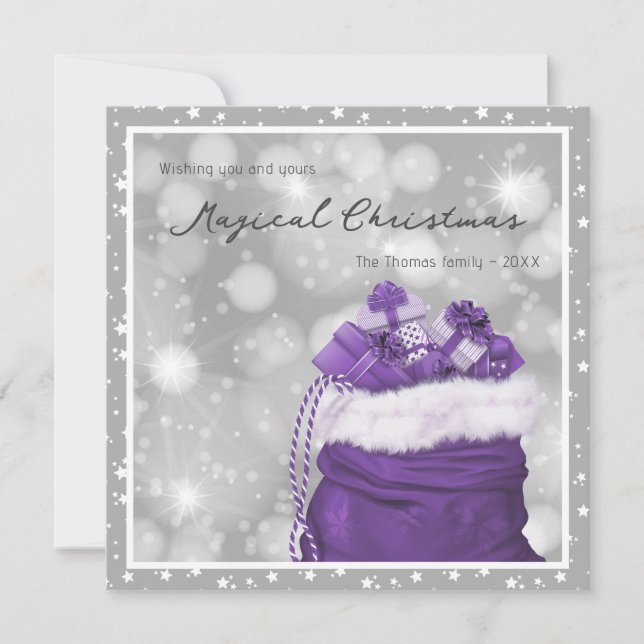 Modern Silver and Purple Stars Magical Christmas Holiday Card (Front)