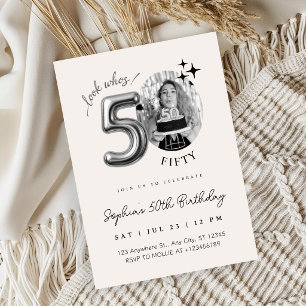 Modern Silver Beige 50th Birthday Photo  Invitation