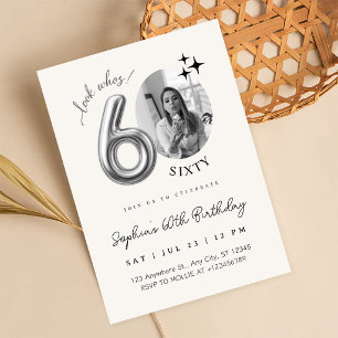 Modern Silver Beige 60th Birthday Photo Invitation