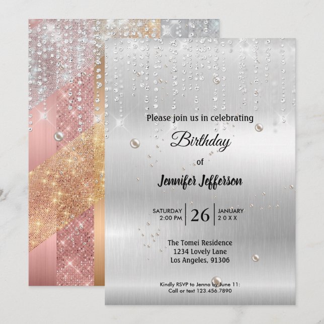 Modern silver Birthday invitation (Front/Back)