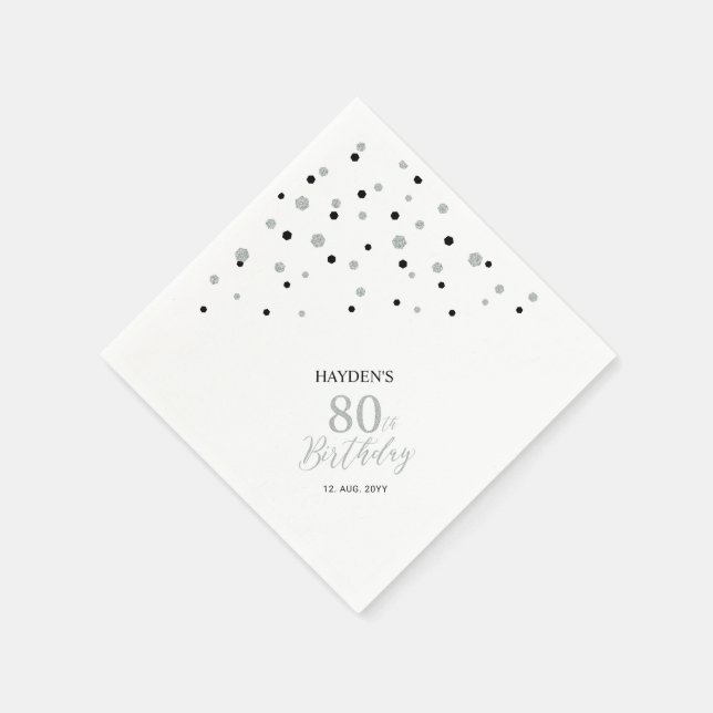 Modern Silver & Black 80th Birthday Party Napkins (Corner)