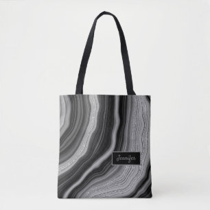 Modern Silver Black Agate Crystal Personalise Name Tote Bag