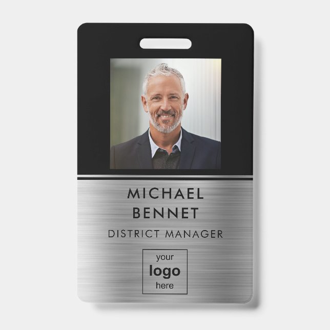 Modern Silver Black Employee Photo ID Badge (Front)