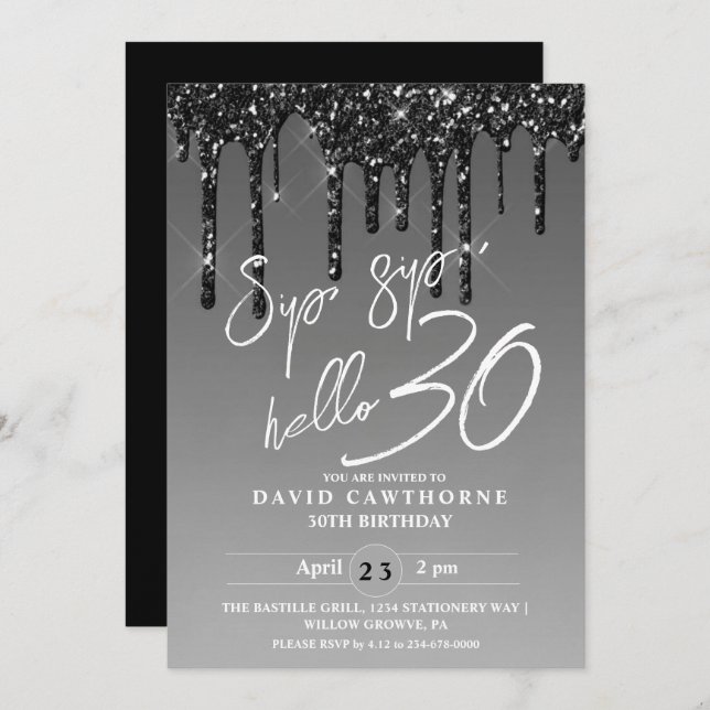 Modern Silver Black Glitter 30th Birthday Party Invitation (Front/Back)