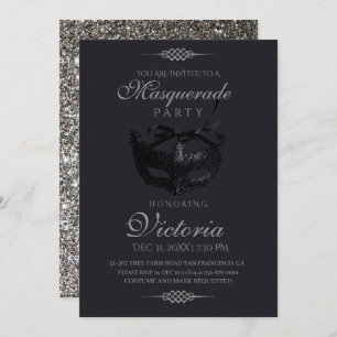 Modern Silver Black Masquerade Party Birthday Invitation