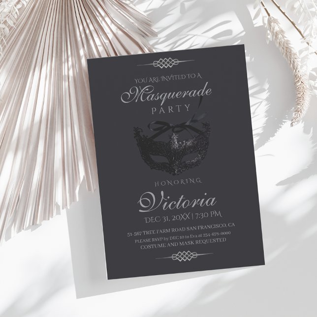 Modern Silver Black Masquerade Party Birthday Invitation (Creator Uploaded)