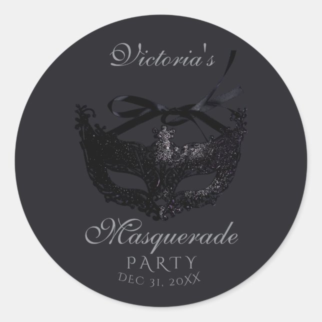 Modern Silver Black Masquerade Party  Classic Round Sticker (Front)