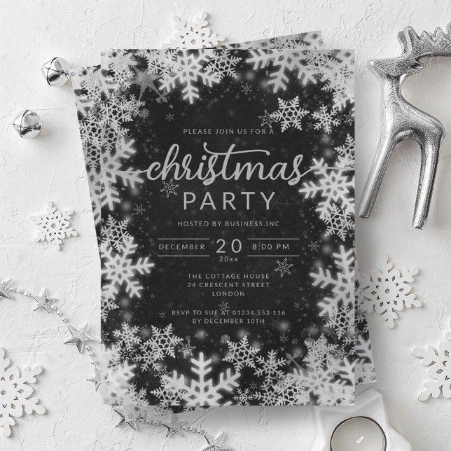Modern Silver Black Snowflakes Company Christmas  Invitation (Modern Silver Black Snowflakes Company Christmas Invitation)