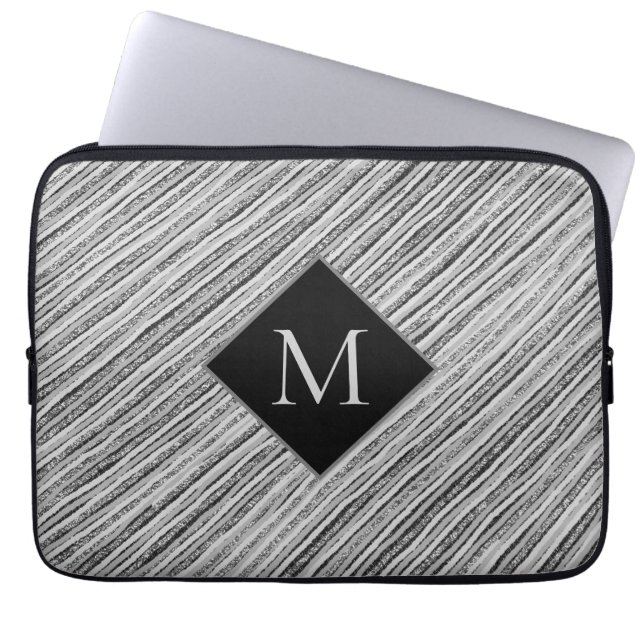 Modern Silver Black White Stripes Monogram Laptop Sleeve (Front)