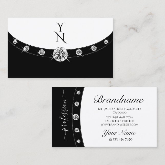 Modern Silver Black White with Monogram Diamonds Business Card (Front/Back)