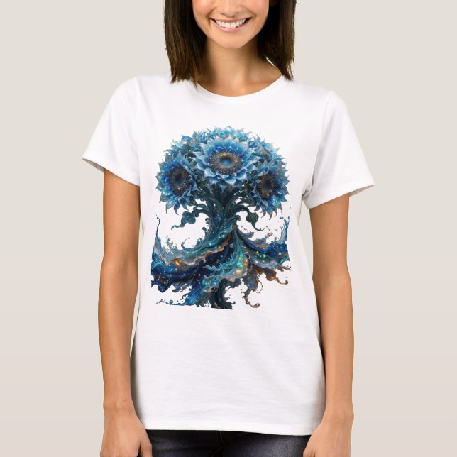 Modern Silver BLUE FLORAL TREE Shirt Design (Front)