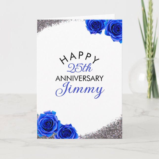 Modern Silver Blue Rose Husband 25th Anniversary Card (Front)