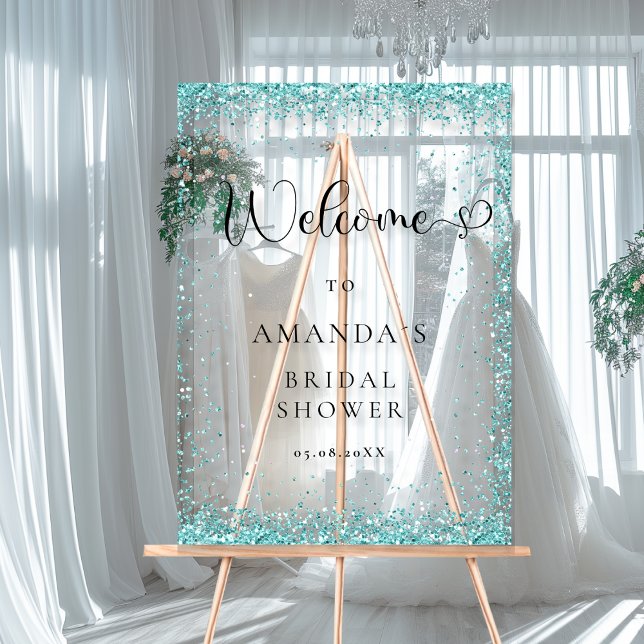 Modern, Silver, Blue Welcome Bridal Shower Acrylic Sign (Modern, Silver, Blue Welcome Acrylic Sign with your Name ans Date.)