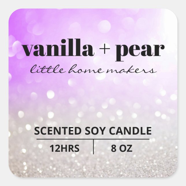 Modern Silver Bokeh Glitter Purple Candle Labels (Front)