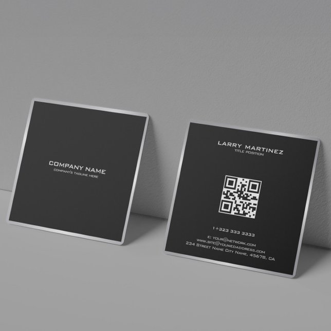 Modern Silver Border on Black Square Business Card (Creator Uploaded)