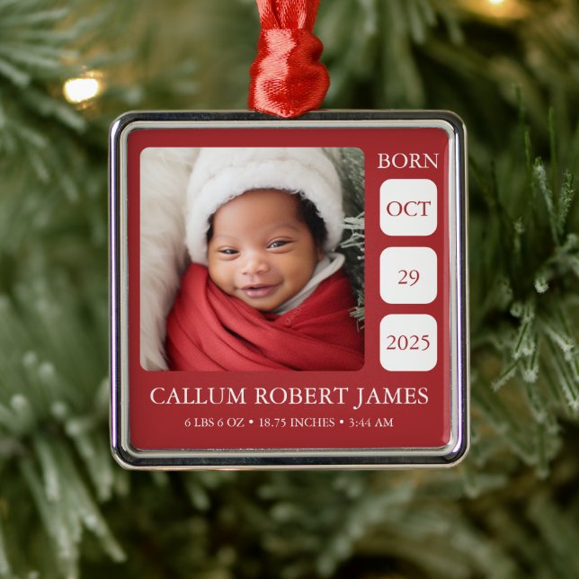 Modern Silver Border Red Baby Birth Stats Ornament (Tree)