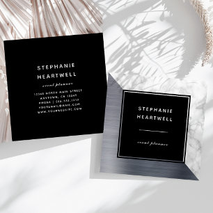 Modern Silver Brushed Foil White Marble Black Square Business Card