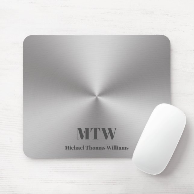 Modern Silver Brushed Metal Look Name and Monogram Mouse Pad (With Mouse)