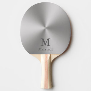 Modern Silver Brushed Metal Look Name & Monogram Ping Pong Paddle