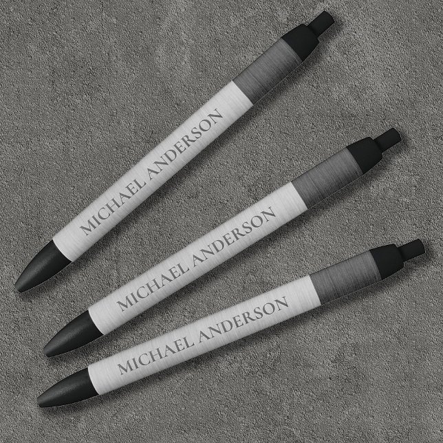 Modern Silver Brushed Metal Monogram Name Black Ink Pen (Sophisticated silver and grey brushed metal pens. Personalize them with your name!)