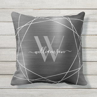 Modern Silver Brushed Metal Monogram Name Script Cushion
