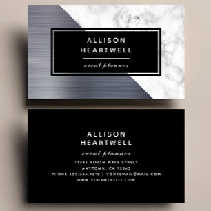 Modern Silver Brushed Metal White Marble Black Business Card