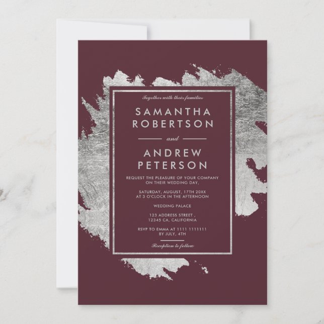 Modern silver brushstrokes red burgundy wedding invitation (Front)