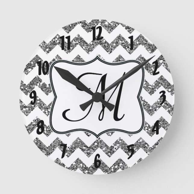 Modern Silver Chevron Monogram Initial Wall Clock (Front)