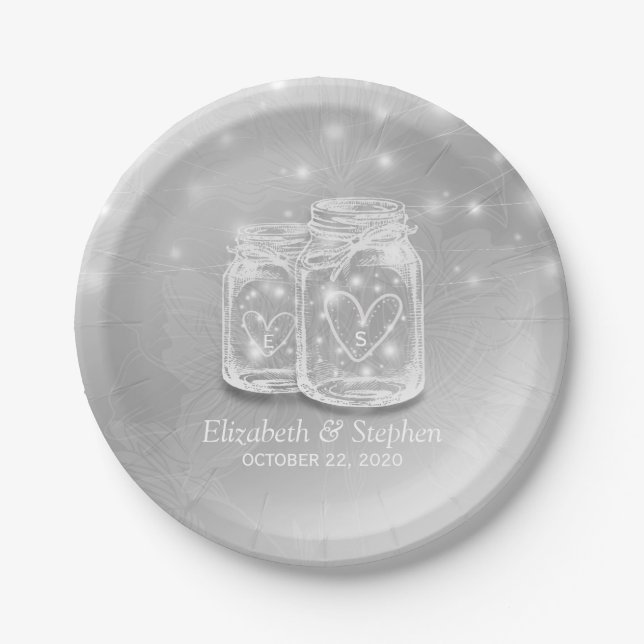 Modern Silver Chic Wedding Mason Jars String Light Paper Plate (Front)