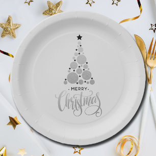 Modern Silver Christmas Tree Holiday Paper Plate