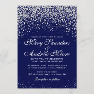 Modern Silver Confetti on Royal Blue Invitation