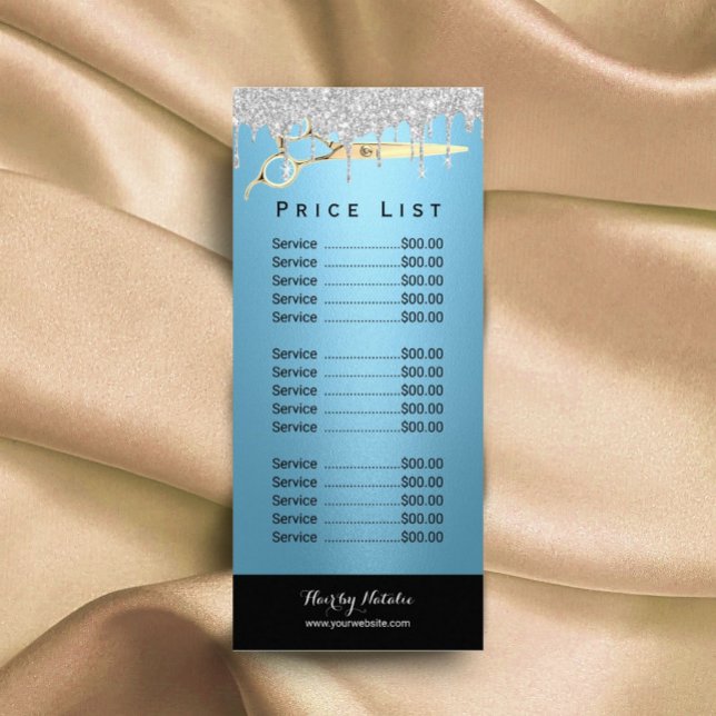 Modern Silver Drips Blue Hair Salon Price List Rack Card (Creator Uploaded)