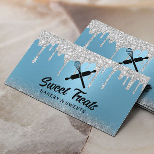 Modern Silver Drips Blue Pastry Chef Bakery Business Card