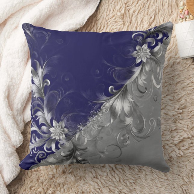 Modern Silver Embellished Grey Blue Throw Pillow (Blanket)