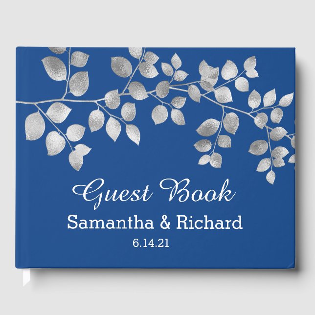 Modern Silver Floral Wedding Guest Book (Front)