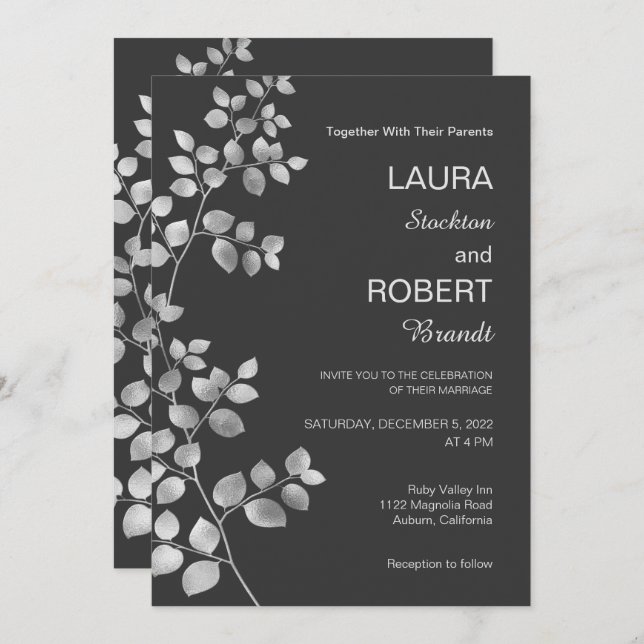 Modern Silver Floral Wedding Invitation (Front/Back)